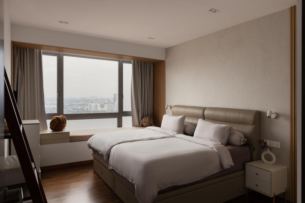 Scandinavian Bedroom with Parquet Floor and Feature Wall