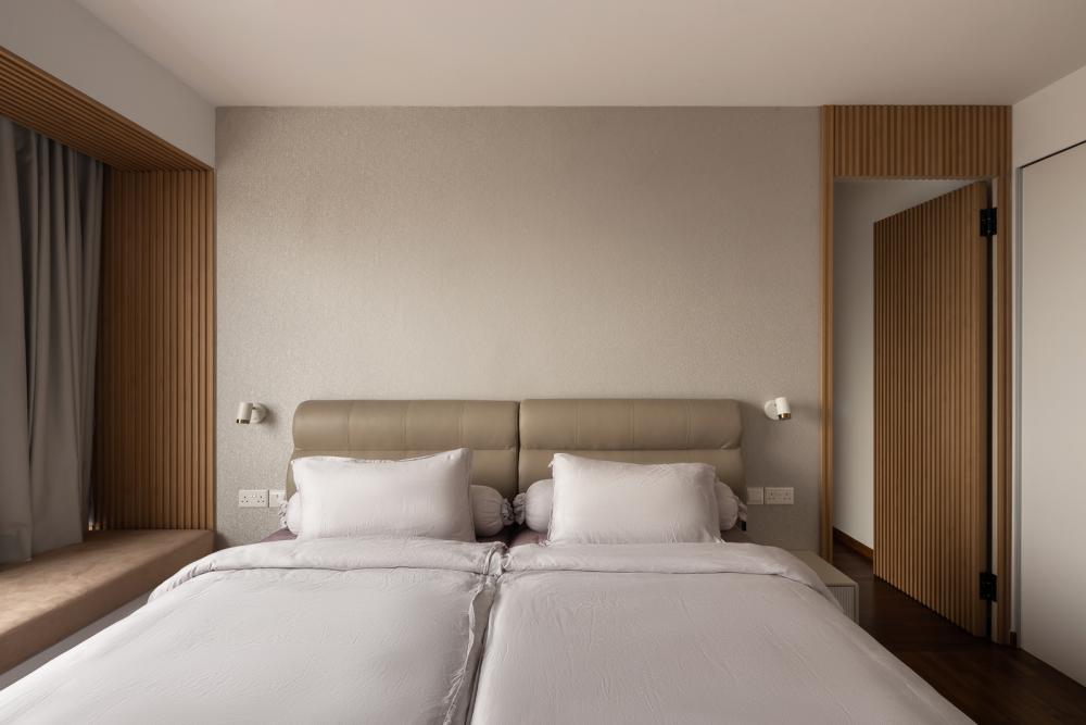 Scandinavian Bedroom with Parquet Floor and Feature Wall