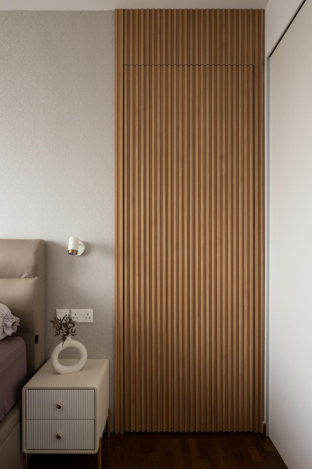 Scandinavian Bedroom with Parquet Floor and Feature Wall
