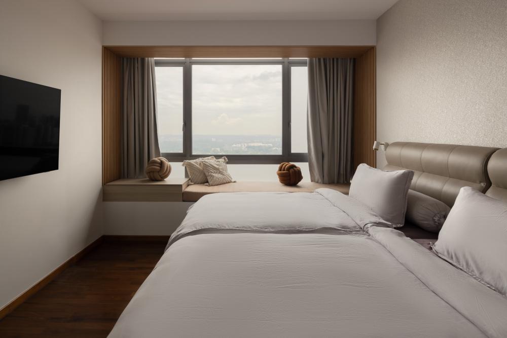 Scandinavian Bedroom with Parquet Floor and Feature Wall
