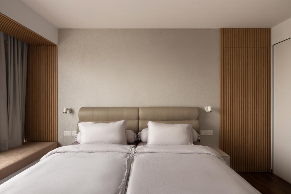 Scandinavian Bedroom with Parquet Floor and Feature Wall