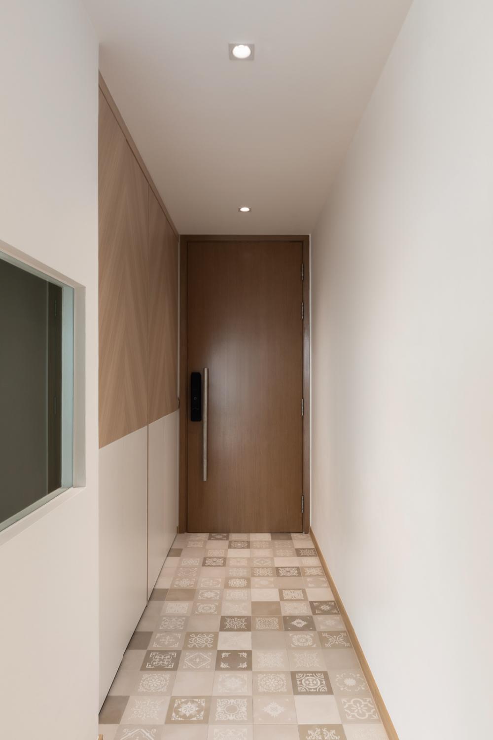 Scandinavian Entryway with Herringbone Tiling and Feature Wall