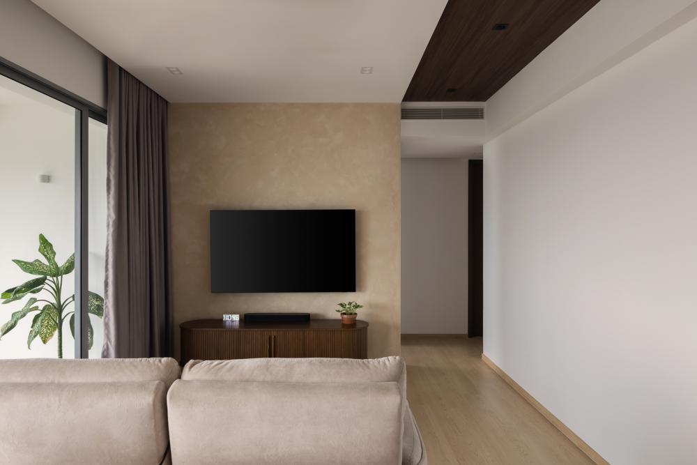 Scandinavian Living Room with Vinyl Flooring and Feature Wall