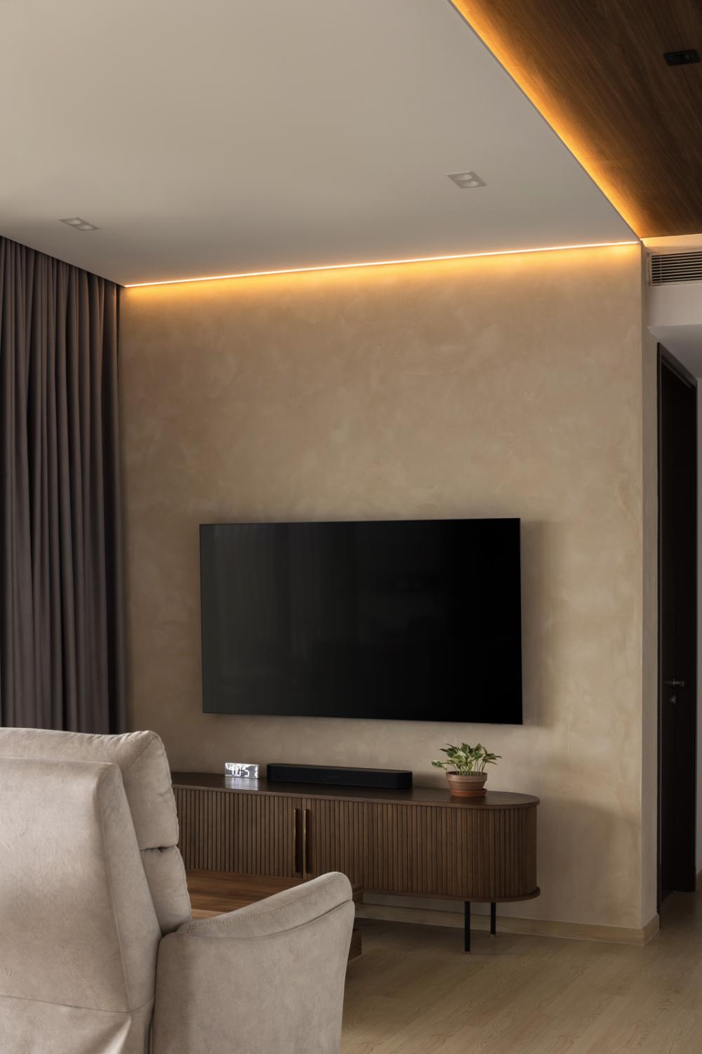 Scandinavian Living Room with Vinyl Flooring and Feature Wall