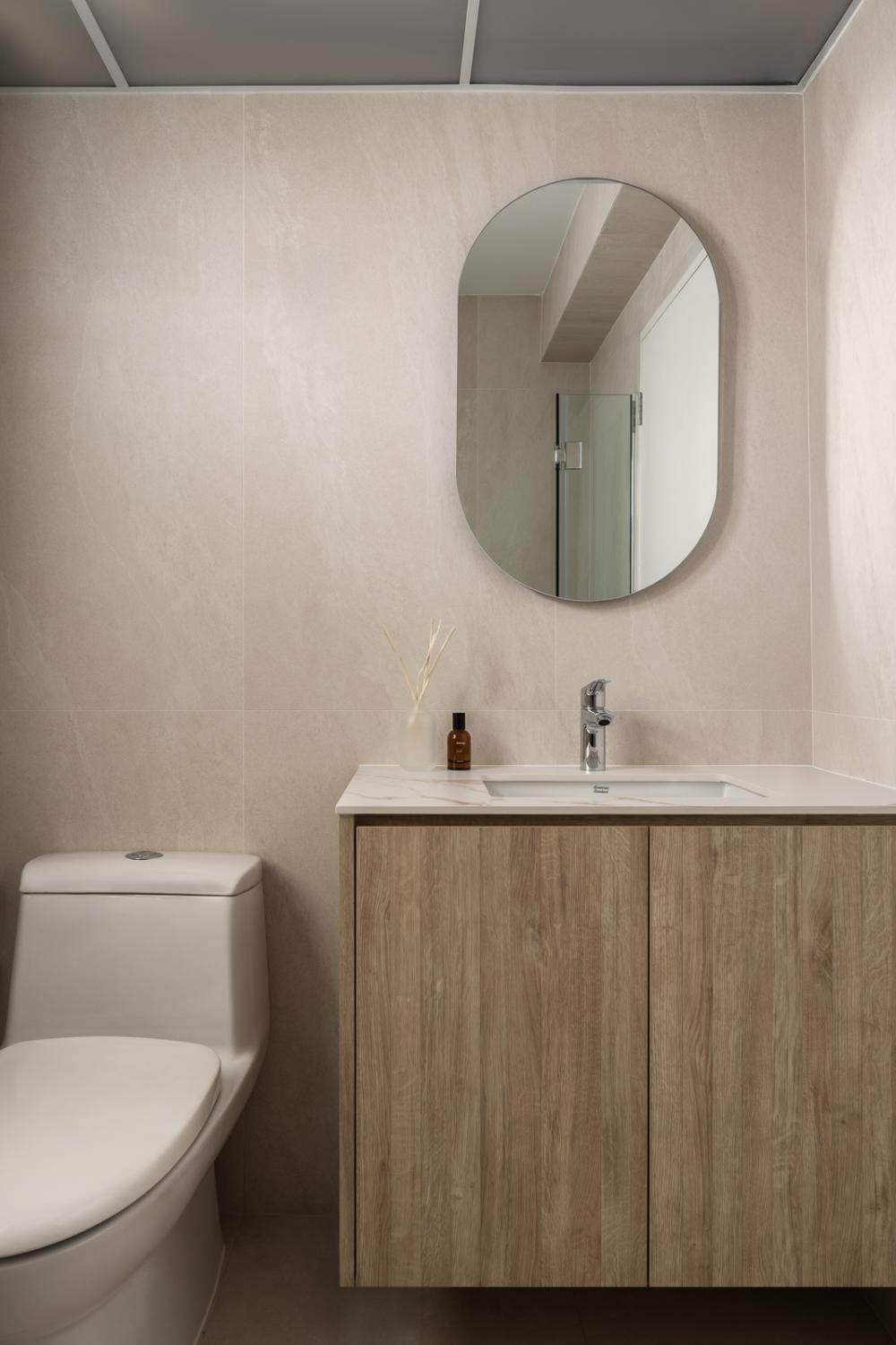Scandinavian Bathroom with Countertop and Mirror