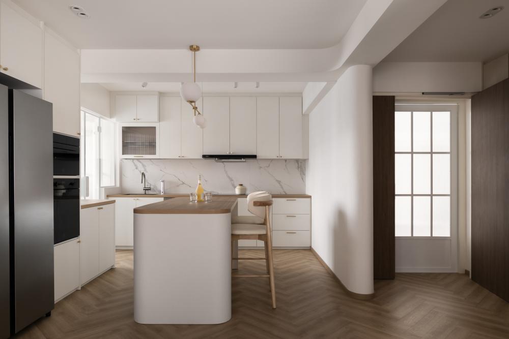 Scandinavian Kitchen with Herringbone Tiling and Wood Flooring