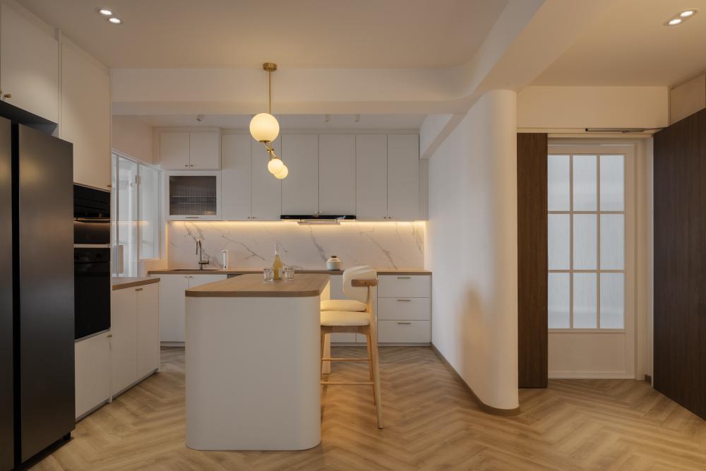 Scandinavian Kitchen with Herringbone Tiling and Wood Flooring