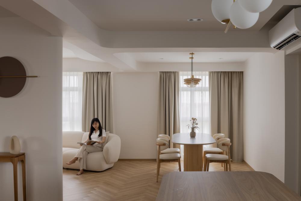 Scandinavian Living Room with Herringbone Tiling and Wood Flooring