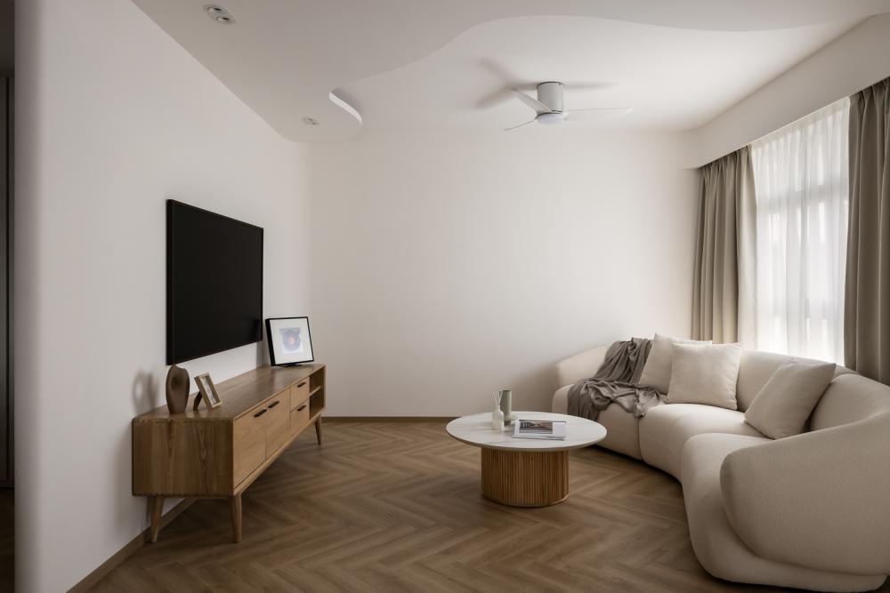 Scandinavian Living Room with Herringbone Tiling and Wood Flooring