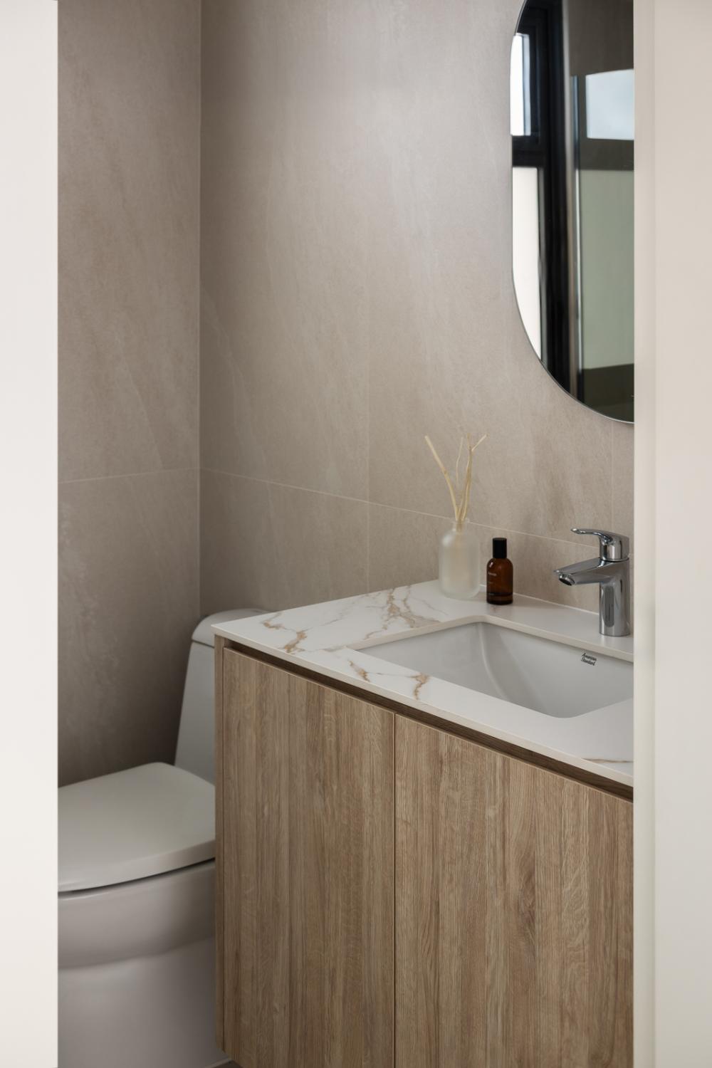 Scandinavian Bathroom with Countertop and Bathroom Storage