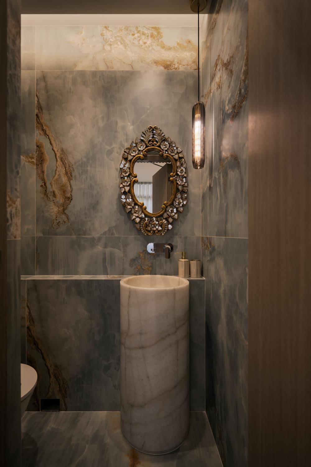 Contemporary Bathroom with Marble Floor and Mirror