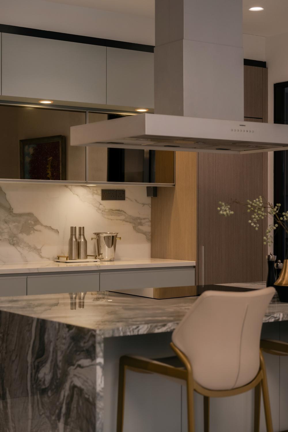 Contemporary Kitchen with Feature Wall and Drop Light