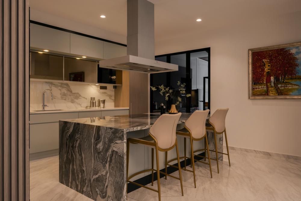 Contemporary Kitchen with Marble Floor and Feature Wall