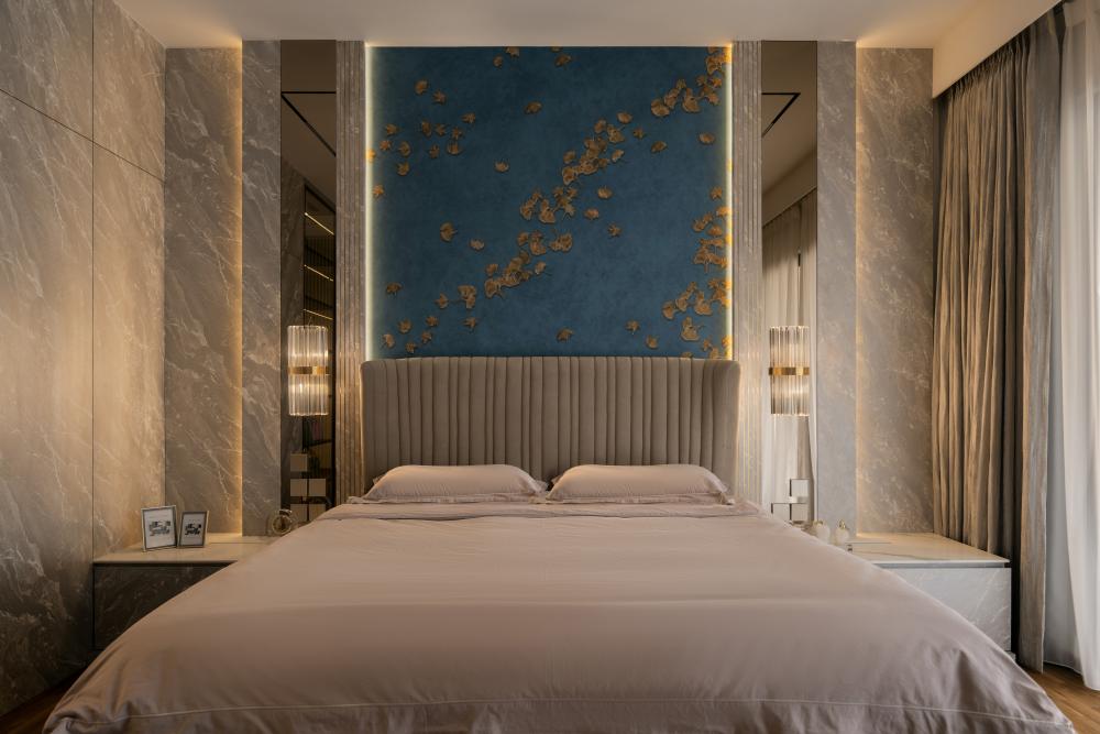 Contemporary Bedroom with Feature Wall and Cove Lighting