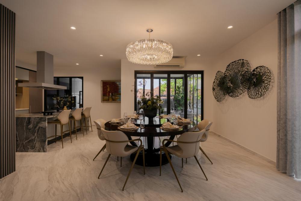 Contemporary Dining Room with Chandelier and Dining Table