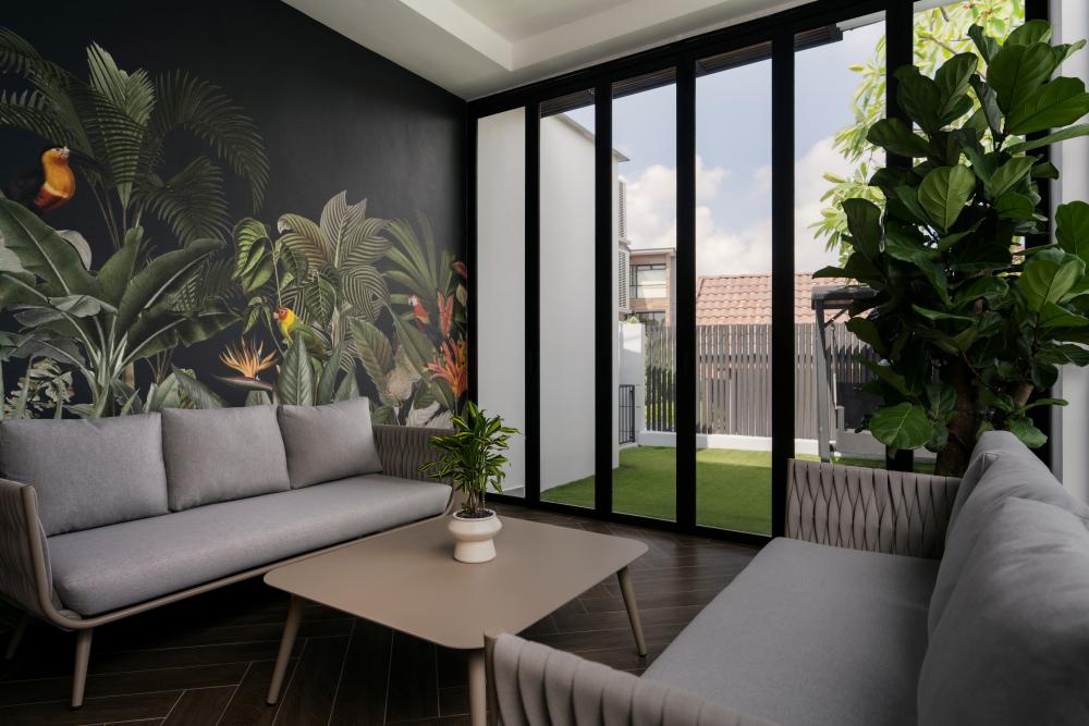 Contemporary Living Room with Wood Flooring and Feature Wall