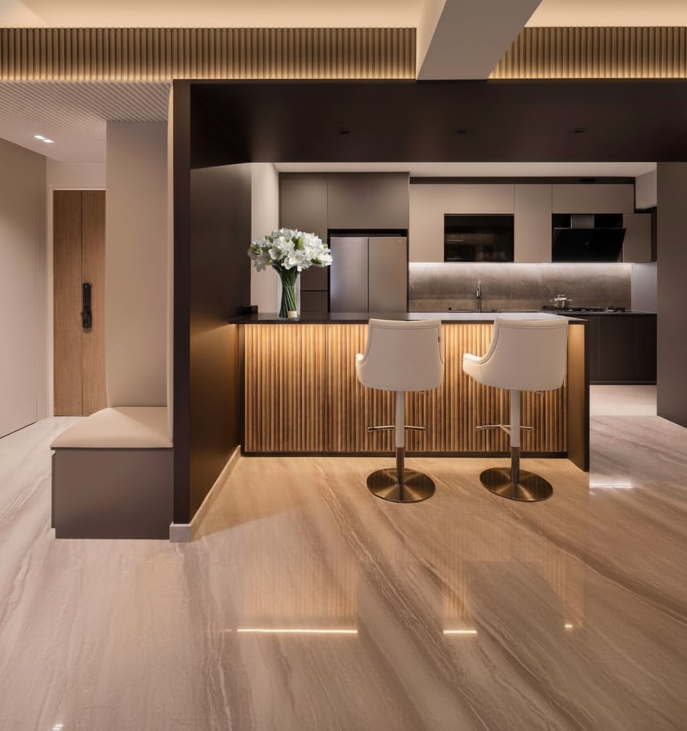 Modern Kitchen with Countertop and Marble Floor