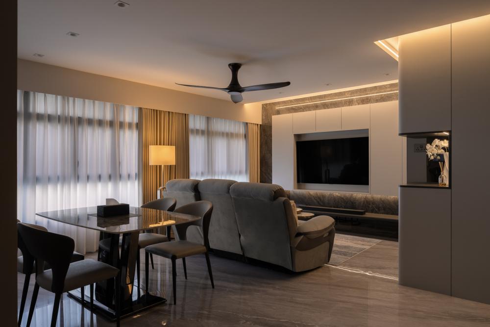 Modern Living Room with Homogeneous Tiles and TV Console