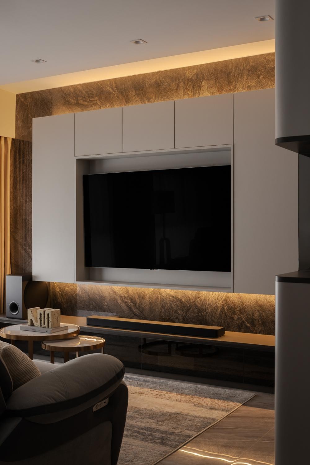 Modern Living Room with Homogeneous Tiles and TV Console