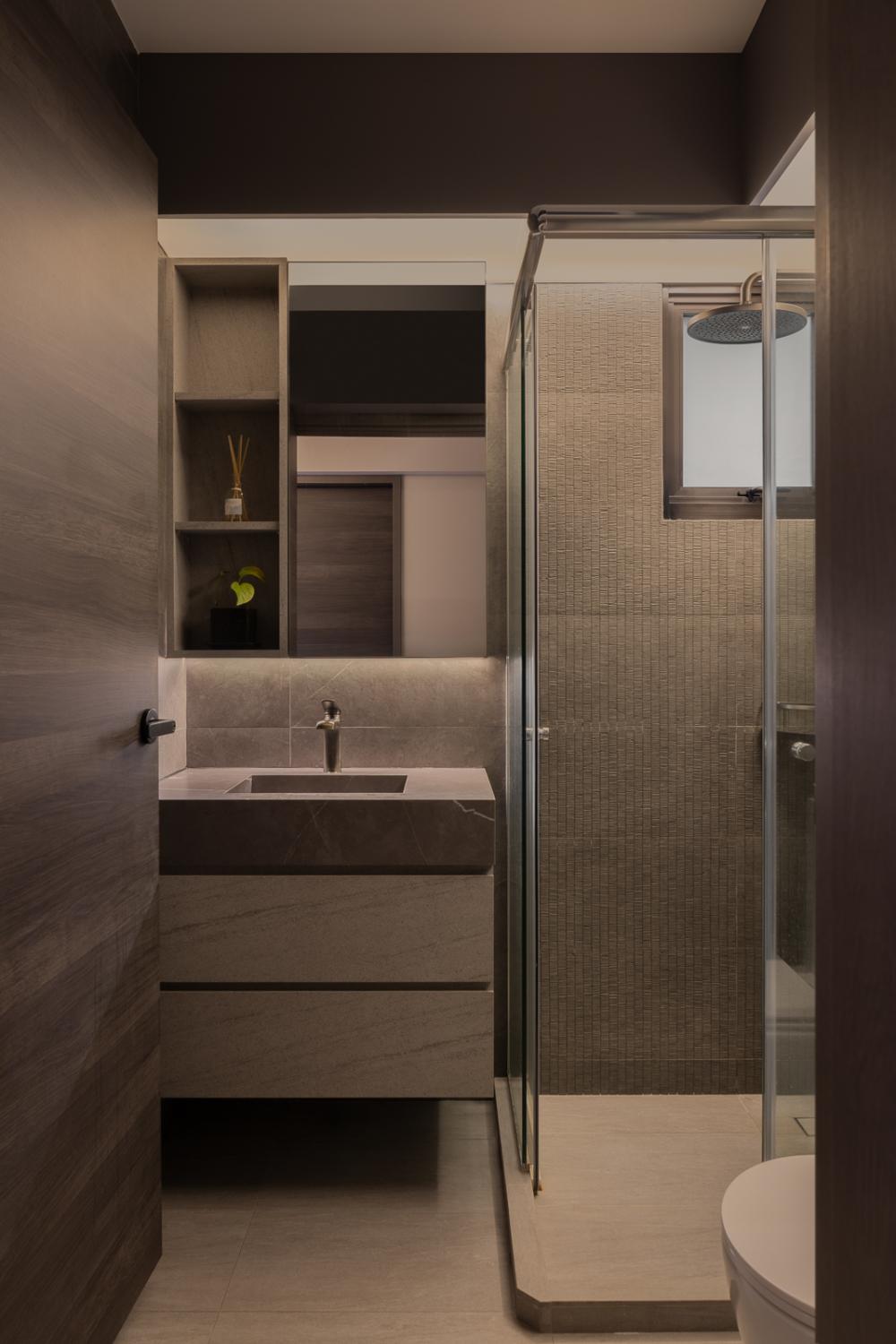 Modern Bathroom with Countertop and Homogeneous Tiles