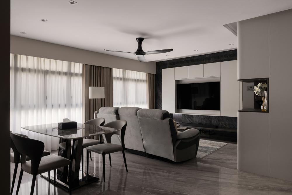Modern Living Room with Homogeneous Tiles and Marble Floor