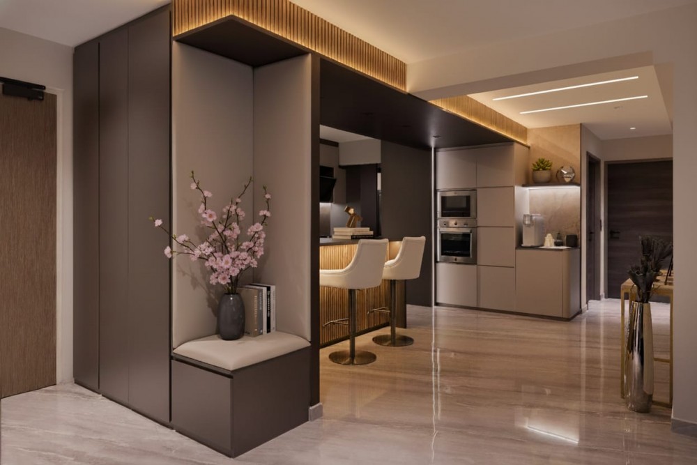 Modern Living Room with Homogeneous Tiles and Cove Lighting