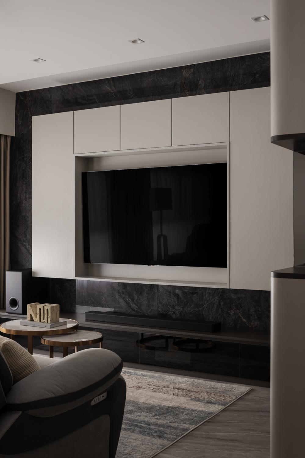 Modern Living Room with Homogeneous Tiles and TV Console
