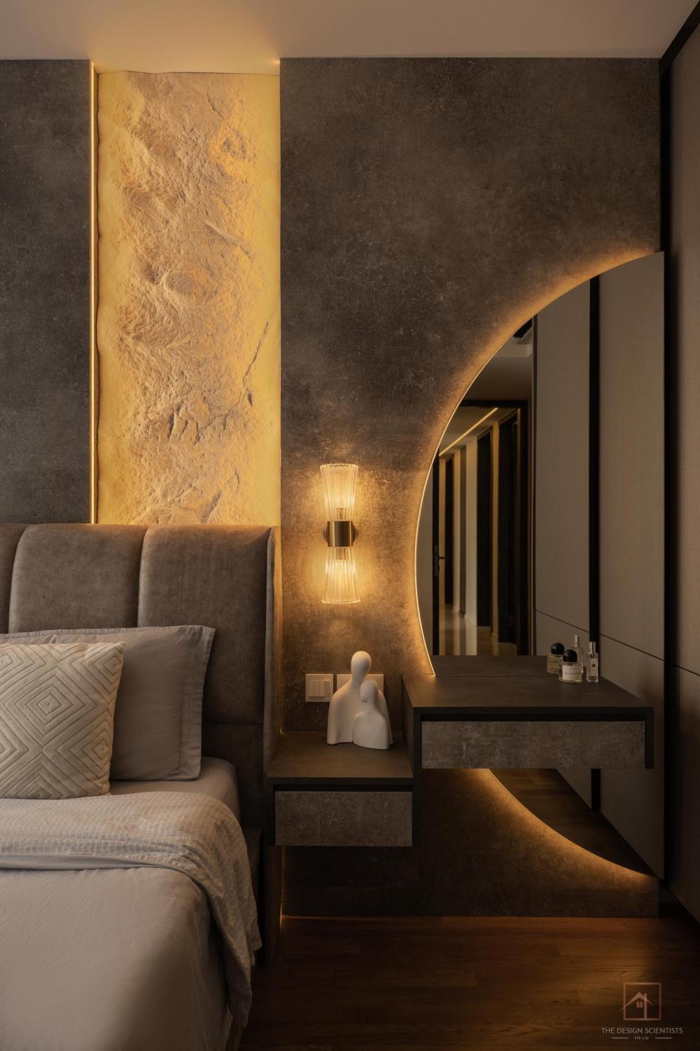 Contemporary Bedroom with Parquet Floor and Feature Wall
