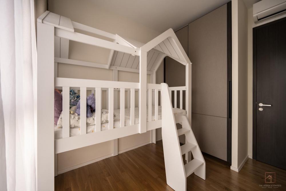 Contemporary Bedroom with Bookshelf and Ceiling Light