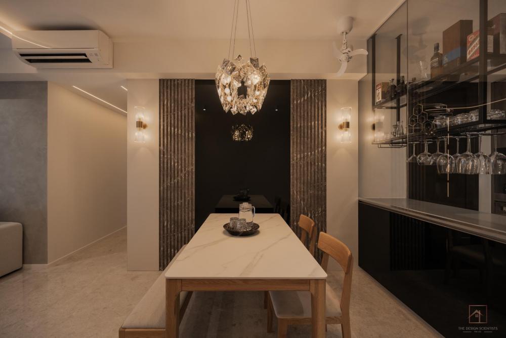 Contemporary Dining Room with Drop Light and Cove Lighting