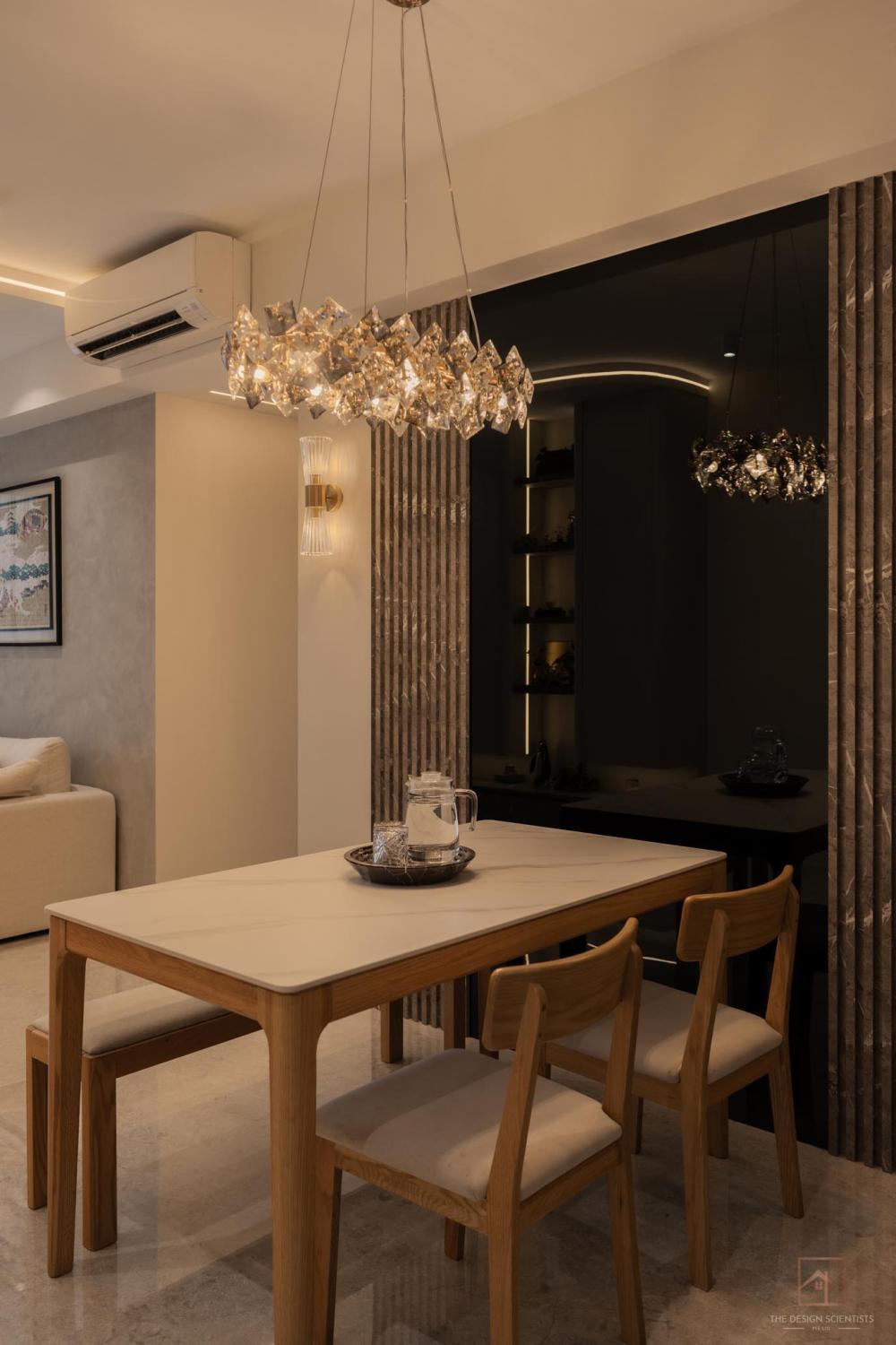 Contemporary Dining Room with Drop Light and Chandelier