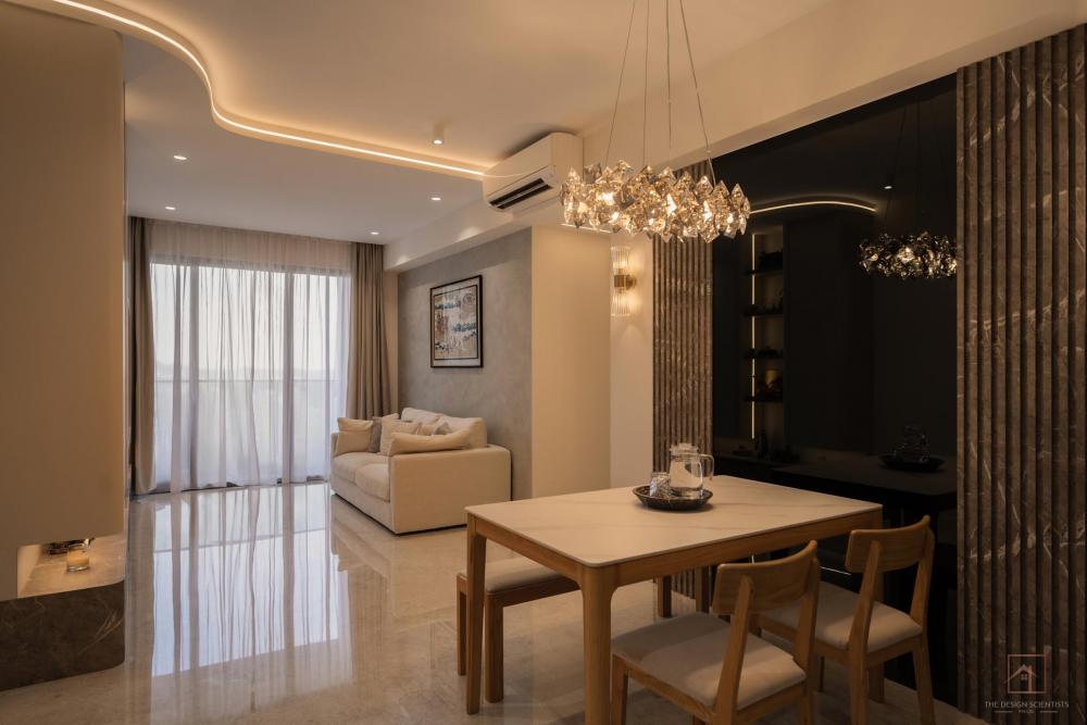 Contemporary Dining Room with Drop Light and Cove Lighting