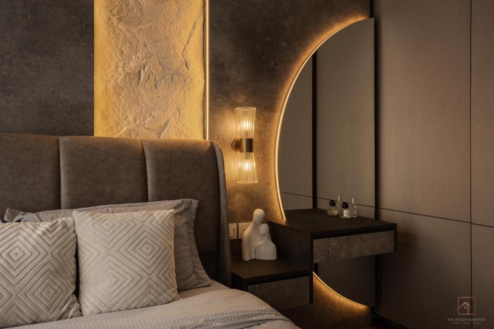 Contemporary Bedroom with Parquet Floor and Cove Lighting