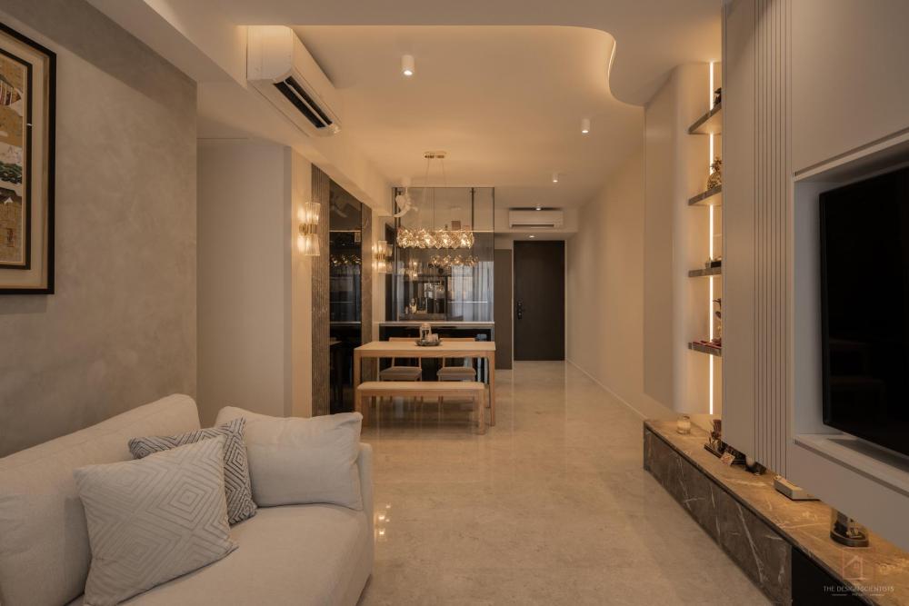 Contemporary Hallway with Cove Lighting and Chandelier