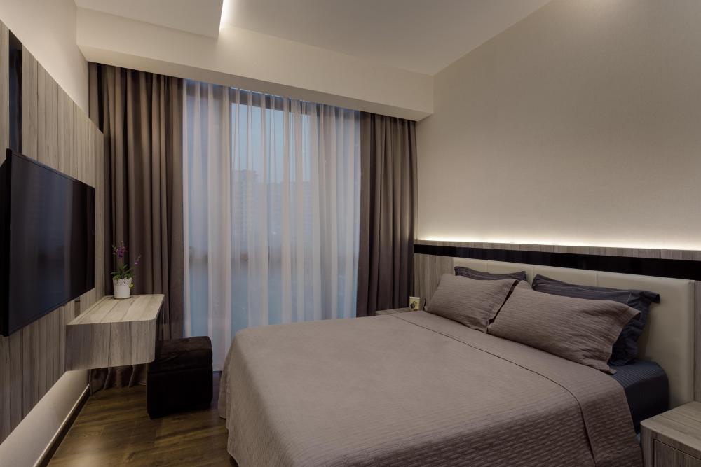 Modern Bedroom with Parquet Floor and TV Console