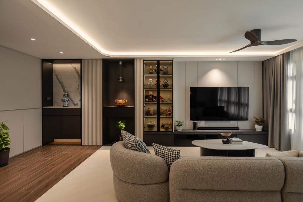 Modern Living Room with Homogeneous Tiles and TV Console