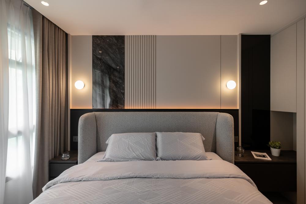 Modern Bedroom with Vinyl Flooring and Feature Wall