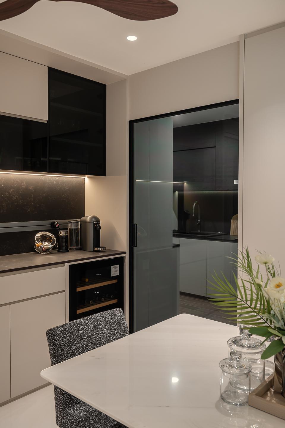 Modern Pantry with Kitchen Island and Tableware