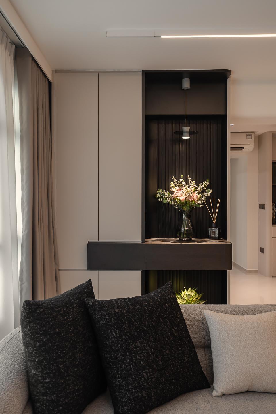 Modern Living Room with Homogeneous Tiles and Feature Wall