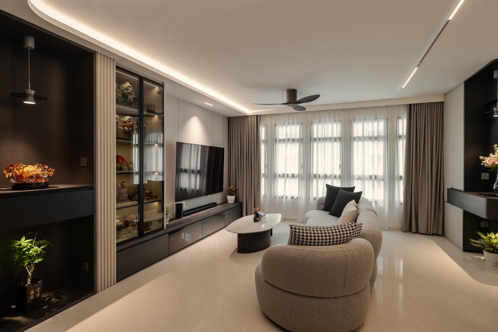 Modern Living Room with Homogeneous Tiles and Feature Wall
