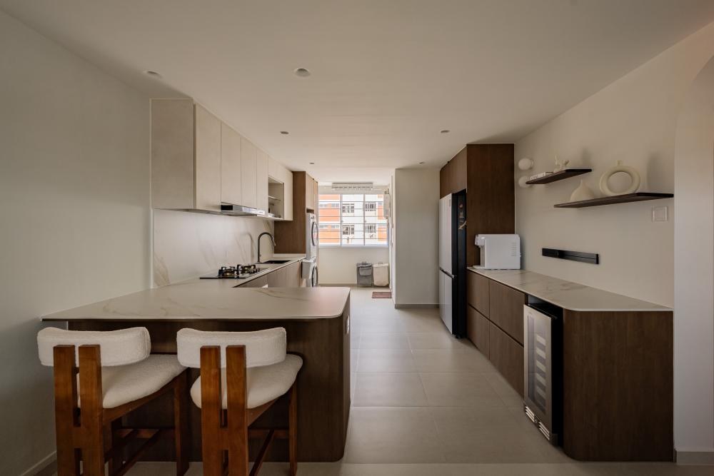Asian Kitchen with Countertop and Homogeneous Tiles