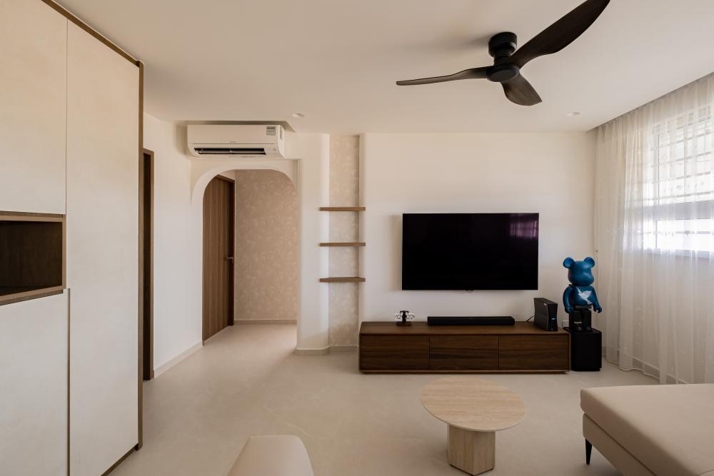 Asian Living Room with Homogeneous Tiles and TV Console