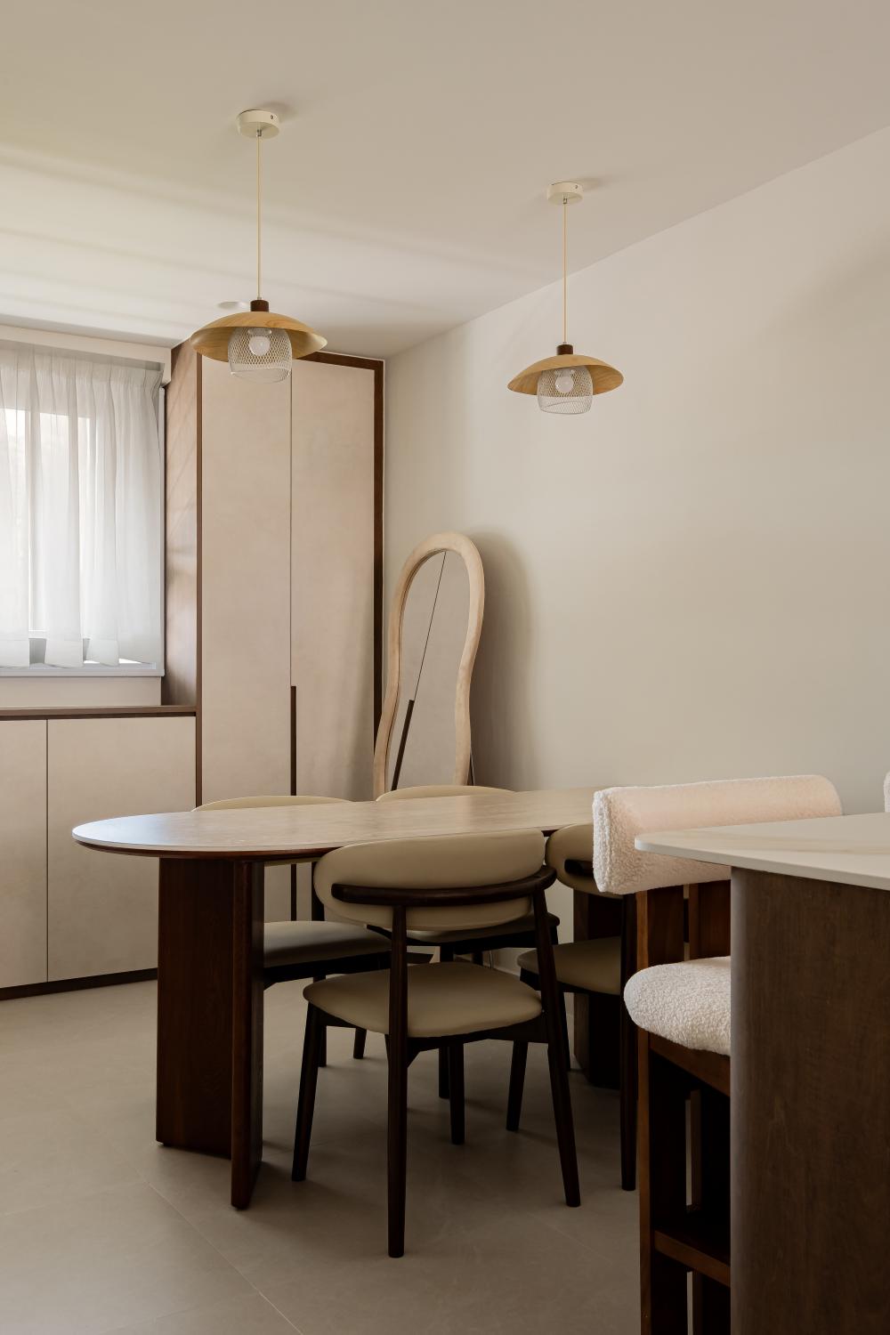 Asian Dining Room with Chandelier and Dining Table