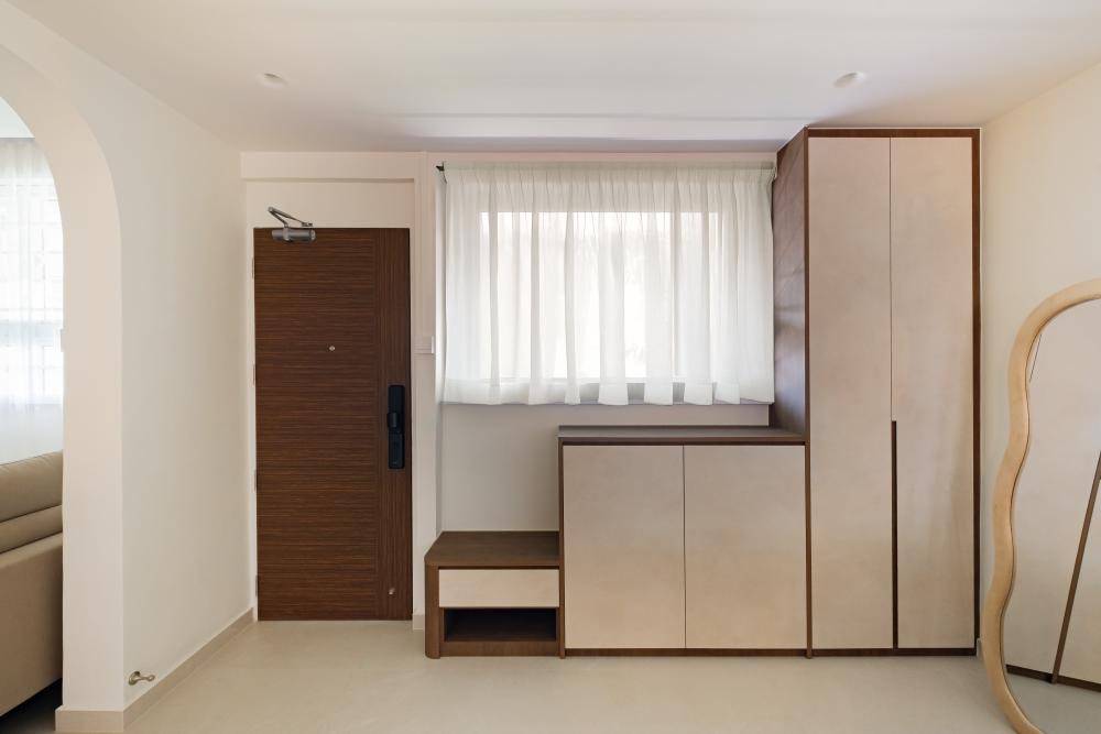 Asian Entryway with Seating Bench and Shoe Rack