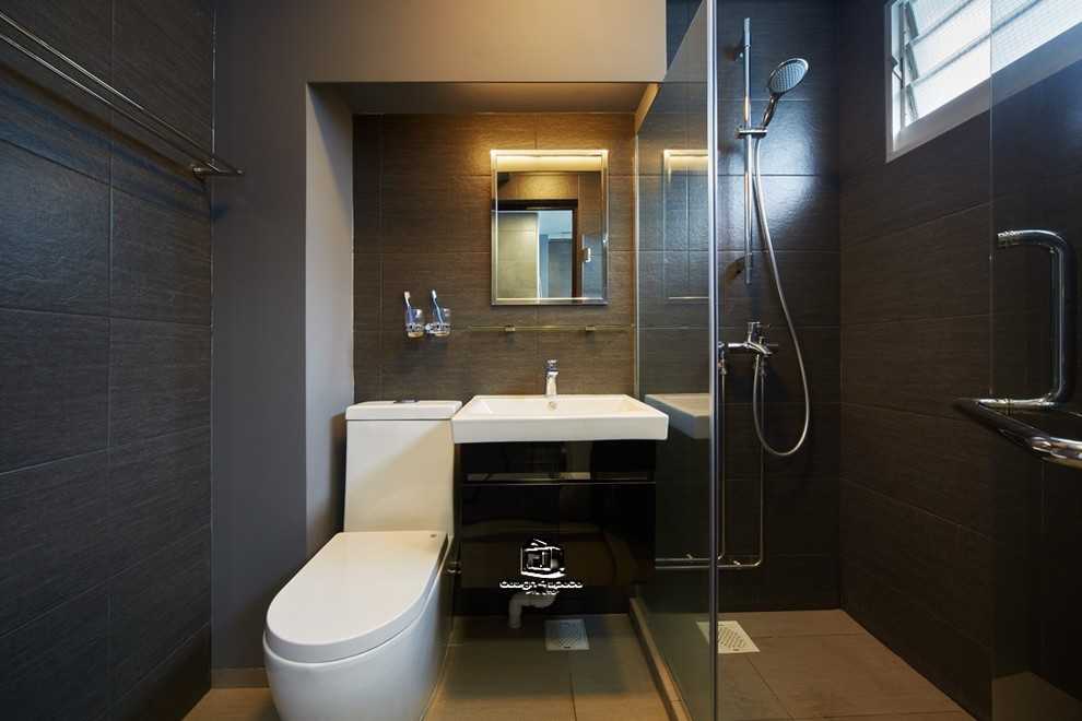 Asian Bathroom with Herringbone Tiling and Mirror