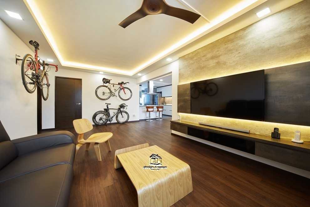Asian Living Room with TV Console and Feature Wall