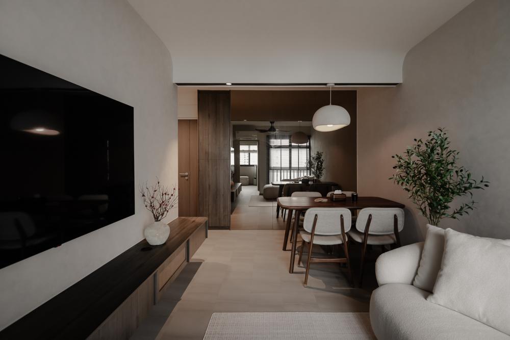 Modern Living Room with Homogeneous Tiles and TV Console