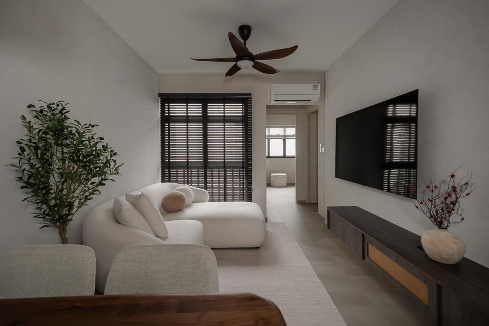 Modern Living Room with Homogeneous Tiles and Cement Floor