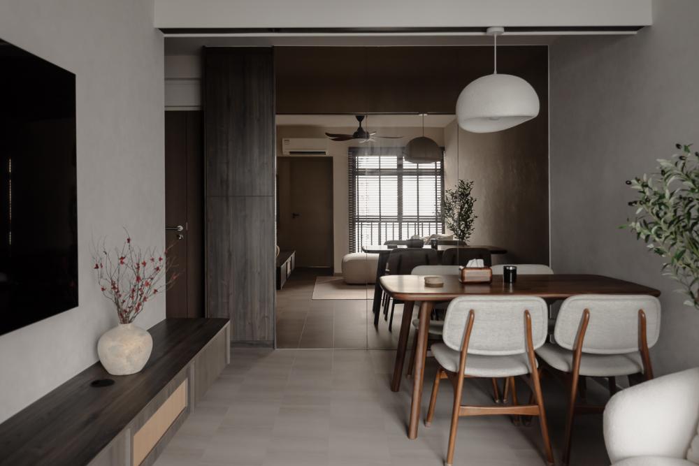 Modern Dining Room with Drop Ceiling and Chandelier