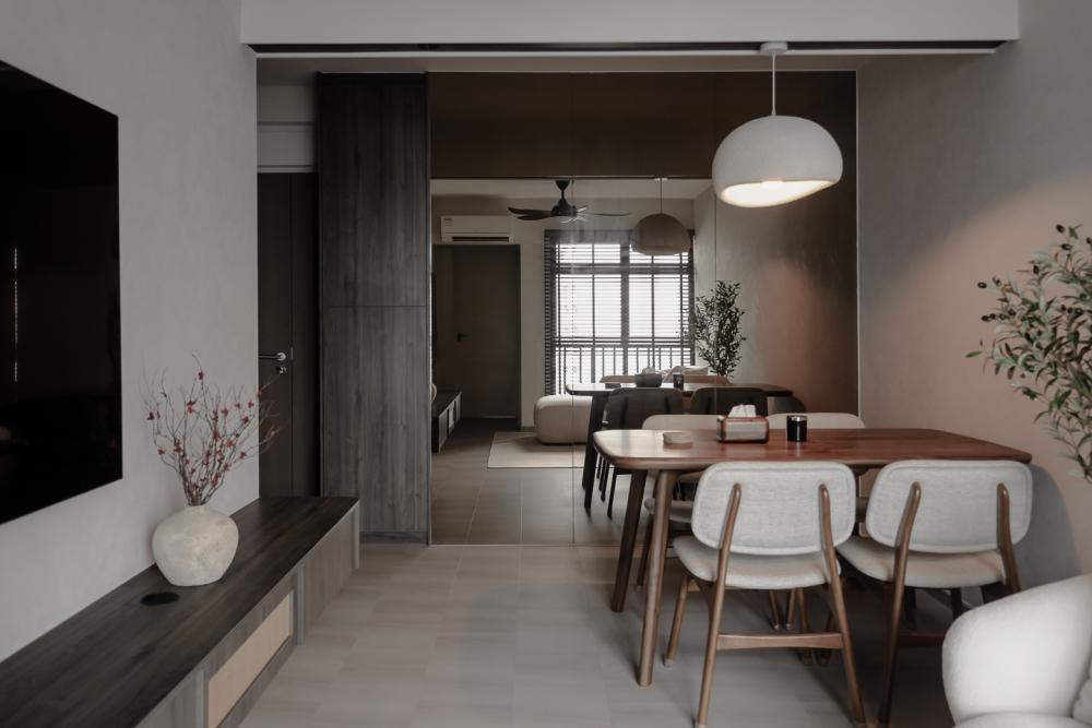 Modern Living Room with Homogeneous Tiles and Feature Wall